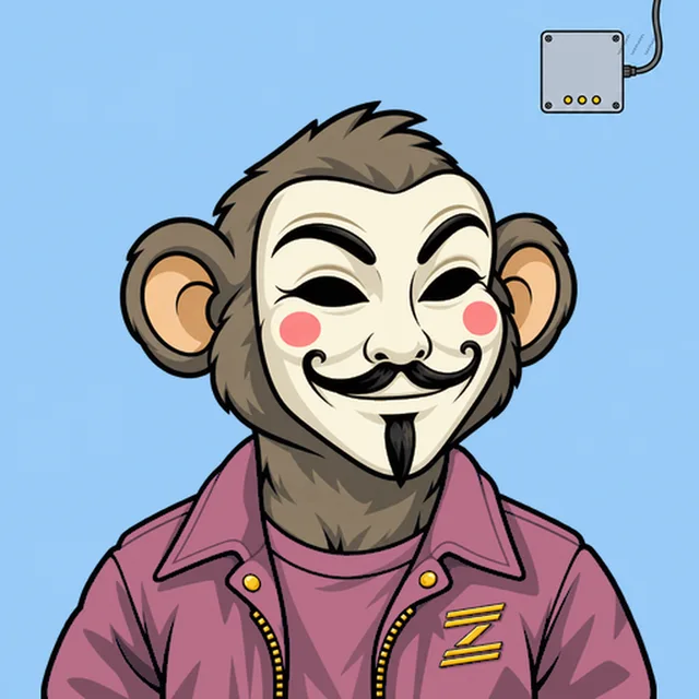 Zcash.Club #6, an illustrated masked ape in a burgundy jacket